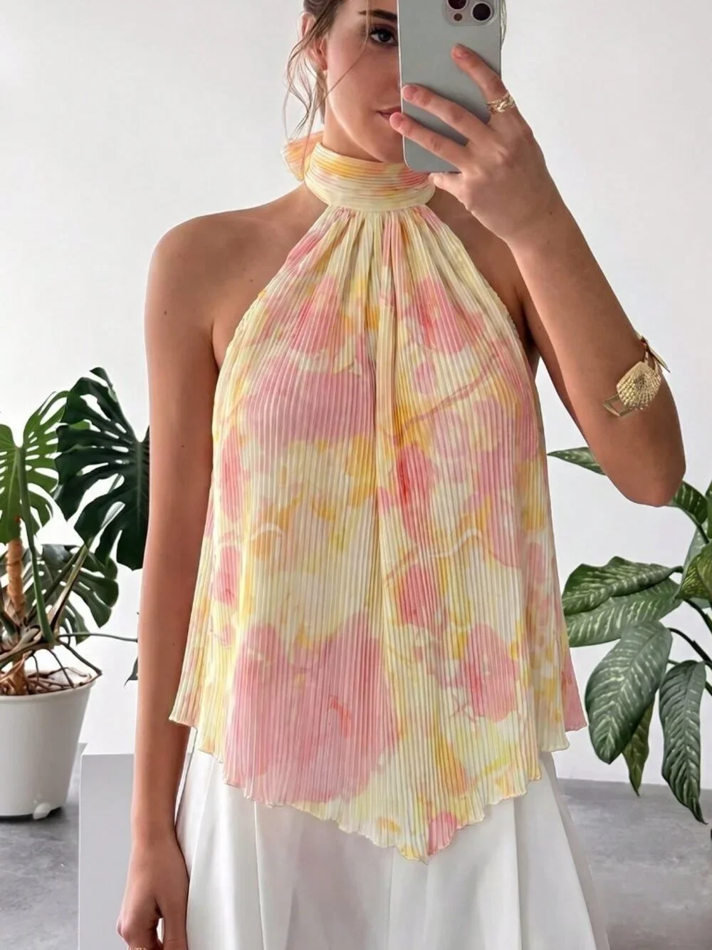 Boho Women's Floral Print Ruched Halter Neck Blouse